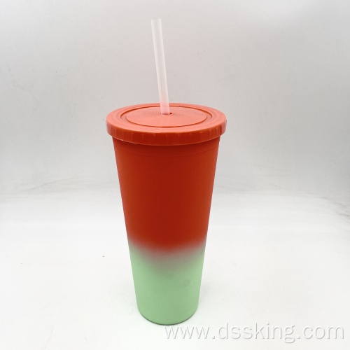 hot sale 22oz/650ml/24oz plastic Double Wall tumbler with color change tumbler with straw